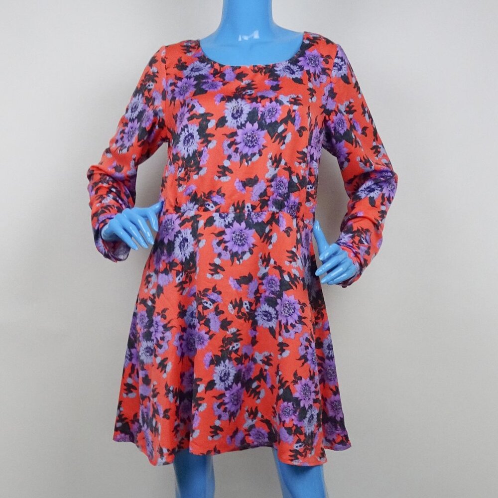 Free People Orange Purple Floral Dress 12 L Parker Fit Flare Long Sleeves Flare